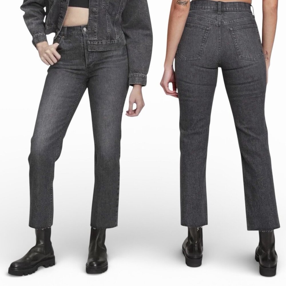 GAP Cheeky Straight High Rise Jeans Size 34/18 Raw Hems Button Fly Washed Black